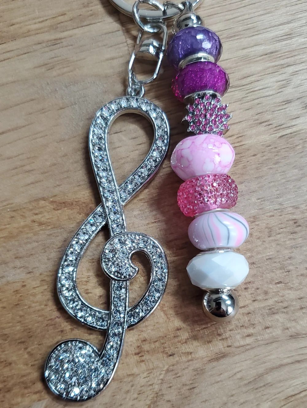 Rhinestone Keychain Pink & Purple Bead Charm With Music Symbol